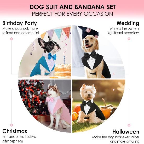 AOFITEE Dog Tuxedo Formal Dog Suit and Bandana Set, Gentle Dogs Wedding Party Suit Bow Tie Shirt, Tuxedo for Small Dogs Costume Outfit with