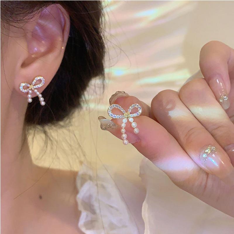S925 Sterling Silver Pearl Bow Stud Earrings: 2023 New Exquisite Diamond Fashion for Women
