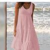 Women's Beach Dress: Sleeveless, Round Neck, Patchwork, Wide Hem, 7 Colors, 8 Sizes