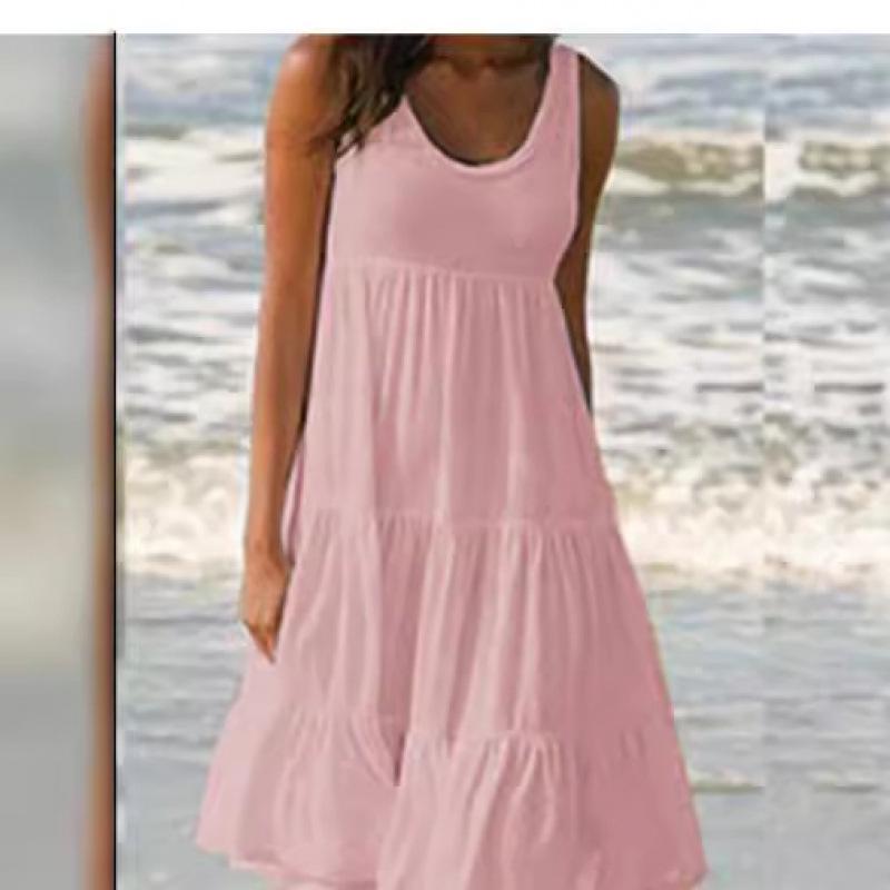Women's Beach Dress: Sleeveless, Round Neck, Patchwork, Wide Hem, 7 Colors, 8 Sizes