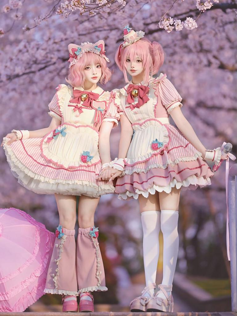 XHSUKADO Maid Outfit and Striped Lolita Dress with Ruffles and Perfect for Idol and Size Women's 2-Piece Set, Dress, Apron, Ribbons, Cosplay,