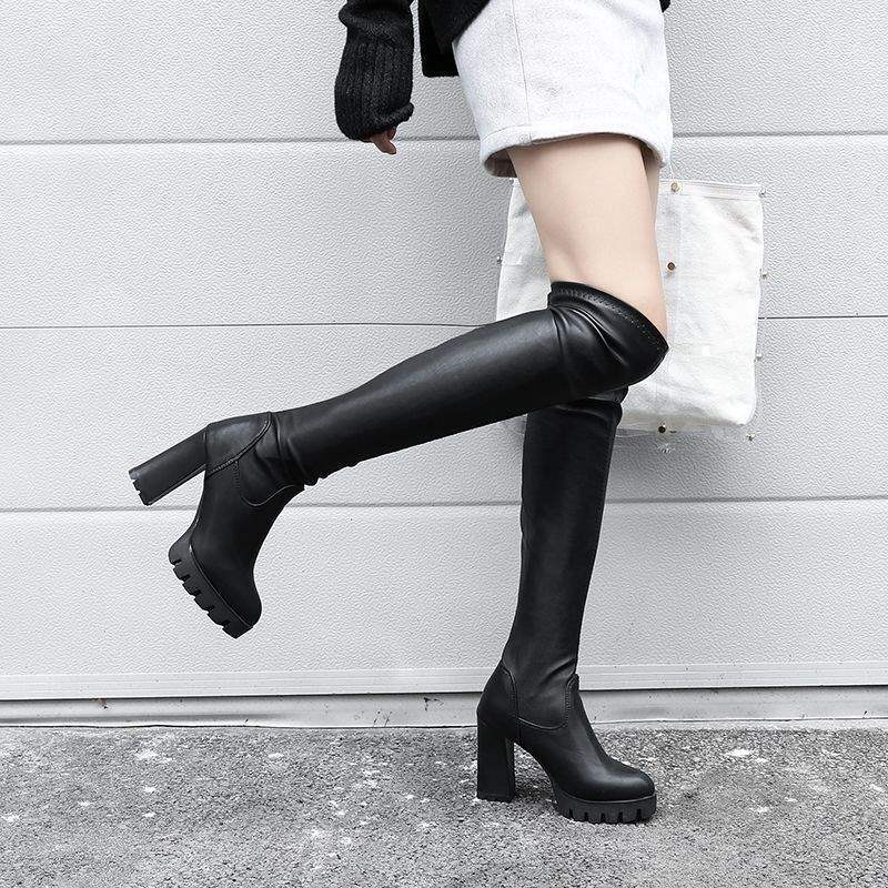 Winter new velvet thick heel knee boots Korean version versatile women's leather boots women's boots high heel boots velvet high boots