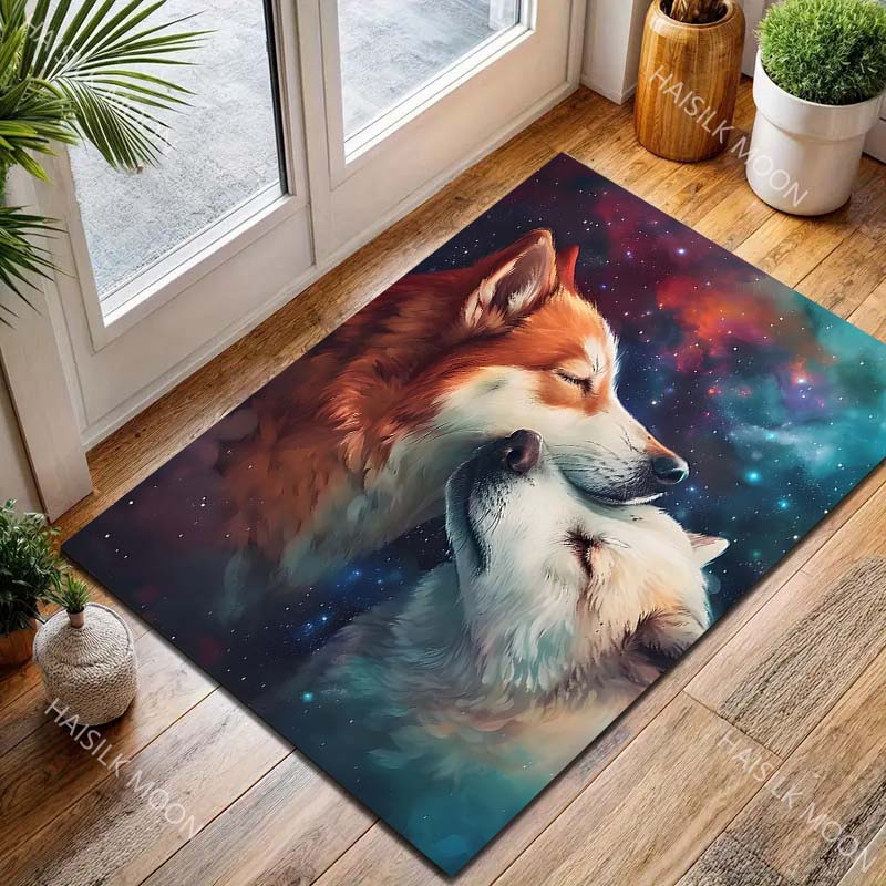 1PC Two wolves nuzzling in starry cosmos Print Carpet for Living Room Bedroom Sofa Home Decor Rus Non-slip Floor Mat Luxury Gift