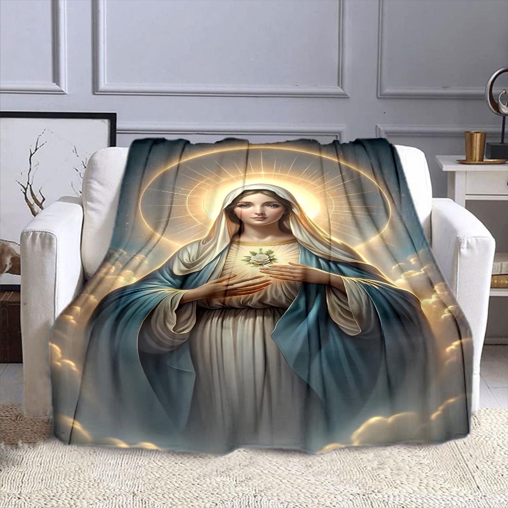 "Serene Virgin Mary Illustration" Patterned flannel blanket perfect for the bedroom living room, sofa, or a little nap