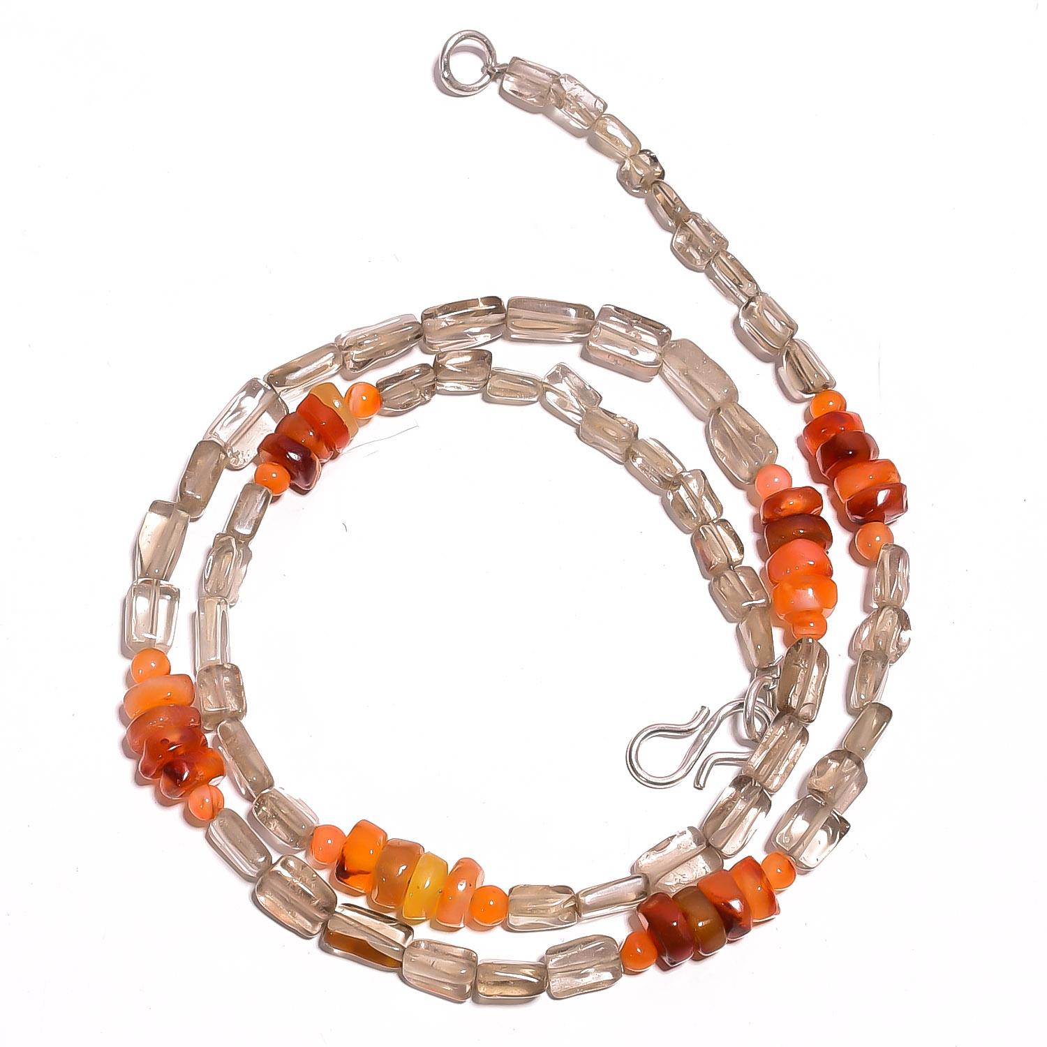 

Natural Smoky Quartz Carnelian Gemstone Mix Shape Beads Necklace 17 UB-3348 UB-3348