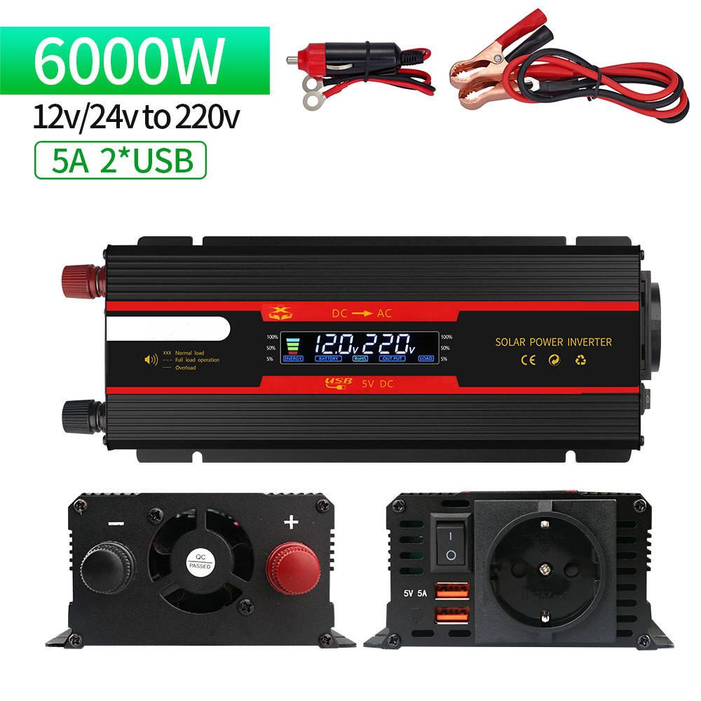 1000W/3000W/4000W/6000W Household Digital Display Voltage Transformer Intelligent Portable Car Inverter Solar Sine Wave Power Converter
