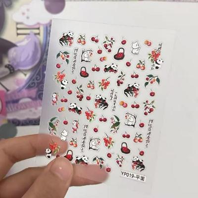 Panda Cherry Nail Art: Cute Retro Hand-Painted Stickers for Valentine's Day or Journal Decorations.