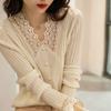 Casual Pullover Lace Blouse Women Autumn Slim V-Neck Hollow Elegant Blouses Office Lady Beading Shirt Women Clothing  23975
