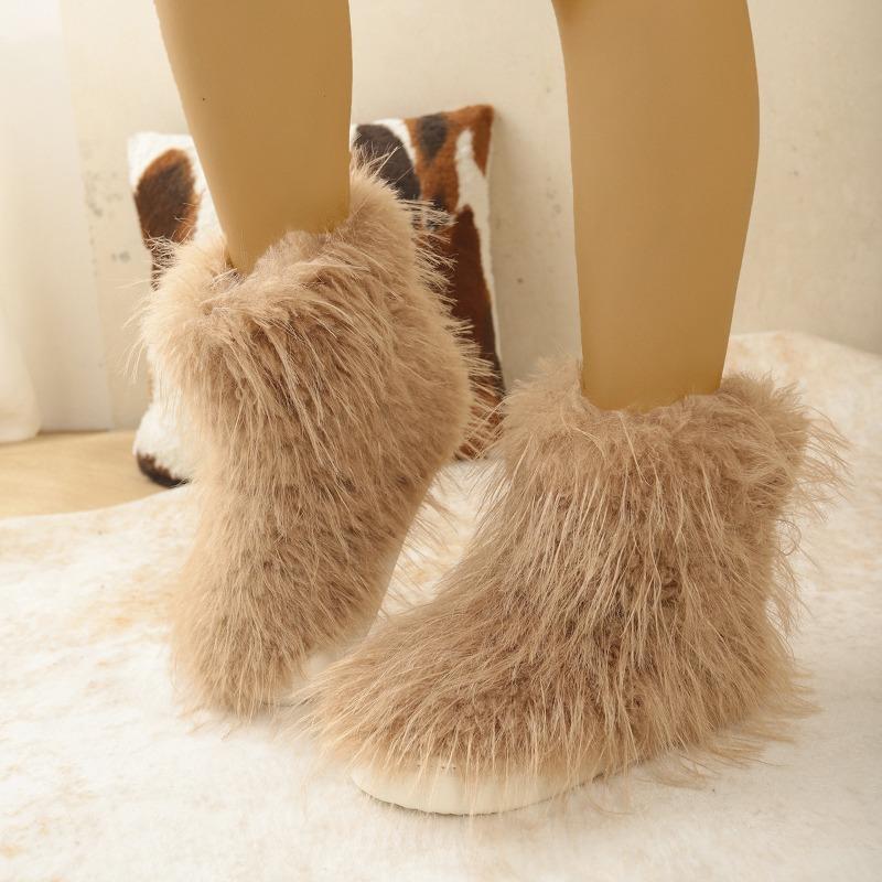 2025 Women Faux Fur Boots Winter Fluffy Plush Warm Mid Calf Snow Boots Luxury Fashion Furry Boots Comfortable Outdoor Flat Shoes