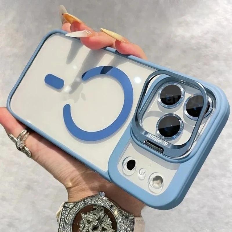 Luxury For Magsafe Magnetic Clear Phone Case For iPhone 17 Air 16 15 14 Plus 13 12 17 Pro Max Stand Glass Lens Protector Cover