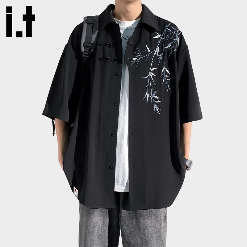 Men s Embroidered New Chinese Style Short Sleeve Shirt 4XL