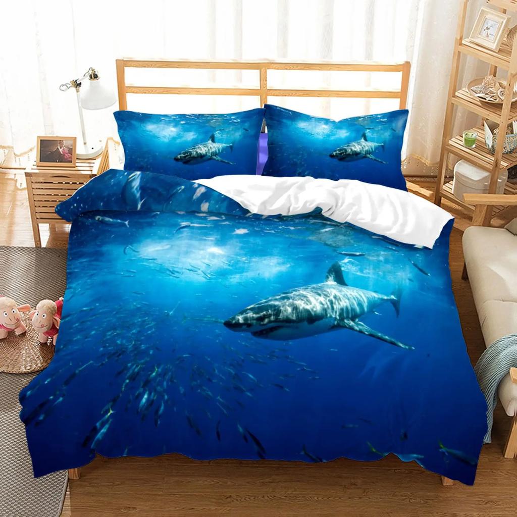 Shark Duvet Cover Ocean Watercolor Fish Quilt Cover Sea Animal Marineland Theme Decoration Bedding For Children Boys Girls Gifts