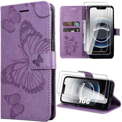 Protective Case - BOOLING - for iPhone 16e - Shockproof Faux Leather Purple Butterflies Pattern - 2 Screens