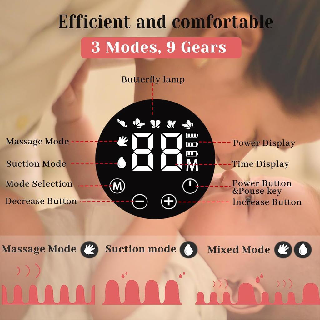Electric Breast Pump, Hands Free Breast Pump 3 Modes 9 Levels, Double Wearable Breastfeeding Pump with Breastmilk Storage Bags & Pacifier Brush,