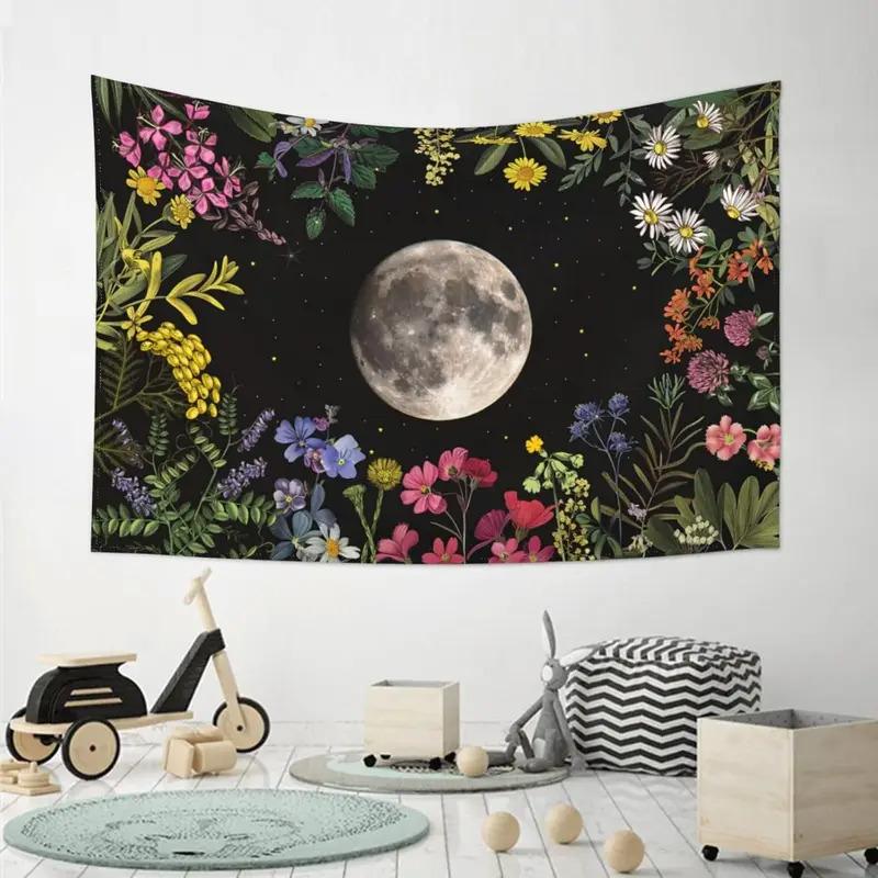 Moonlit Floral Tapestry Full Moon Blossom Motif Bedroom Headboard Wall Hanging Interior Design Style Room Decoration