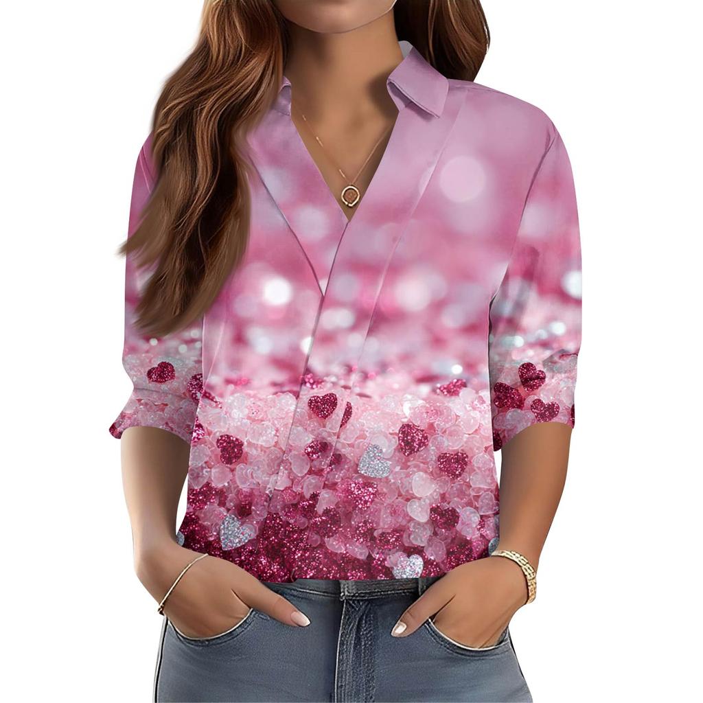 Camisa Feminina Manga 3/4 Decote V Estampada Roupa de Trabalho Casual Regular Colarinho