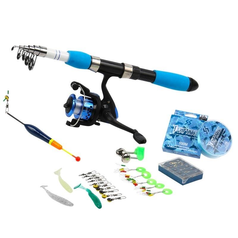Angelrute Komplettset Teleskop Angelrute und Rolle Köder Haken Salzwasser Süßwasser Reiserutenset