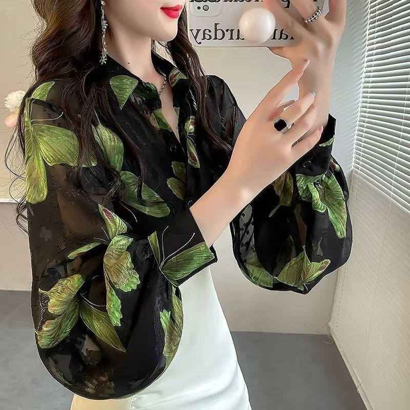 Retro Women's Printed Shirt Slim-fit Lantern Sleeve Floral Shirt Collared Chiffon Shirt Spring