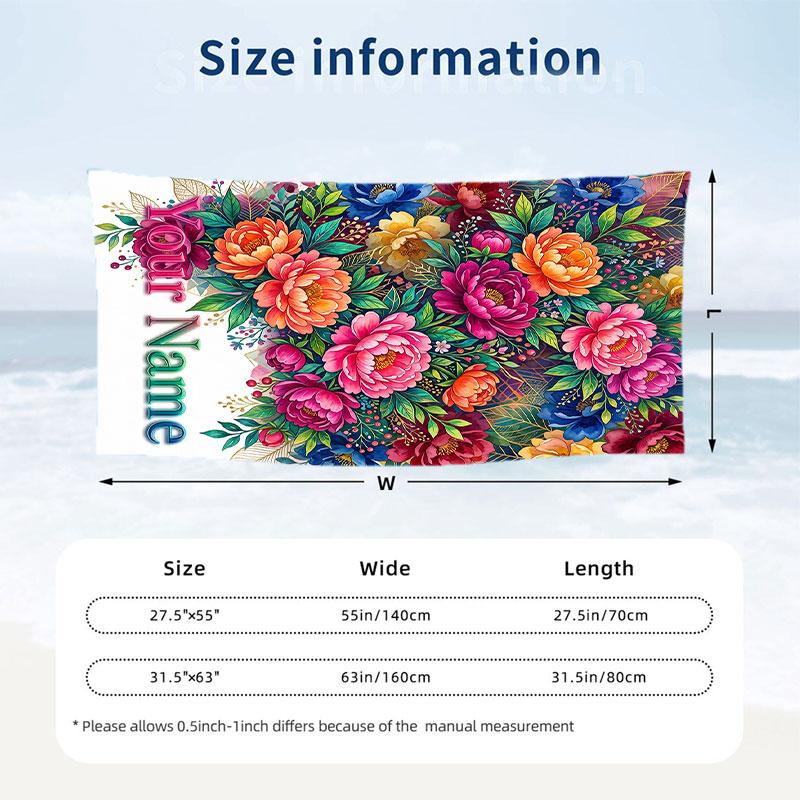 Floral Garden Theme Beach Towel Personalized Custom Name & Text Soft Quick Dry Beach Towel for Swimming Travel