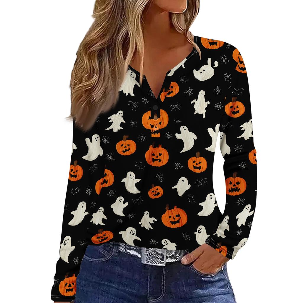 Women's Casual Long Sleeve T-Shirt with Halloween Print V-Neck Button for Parties