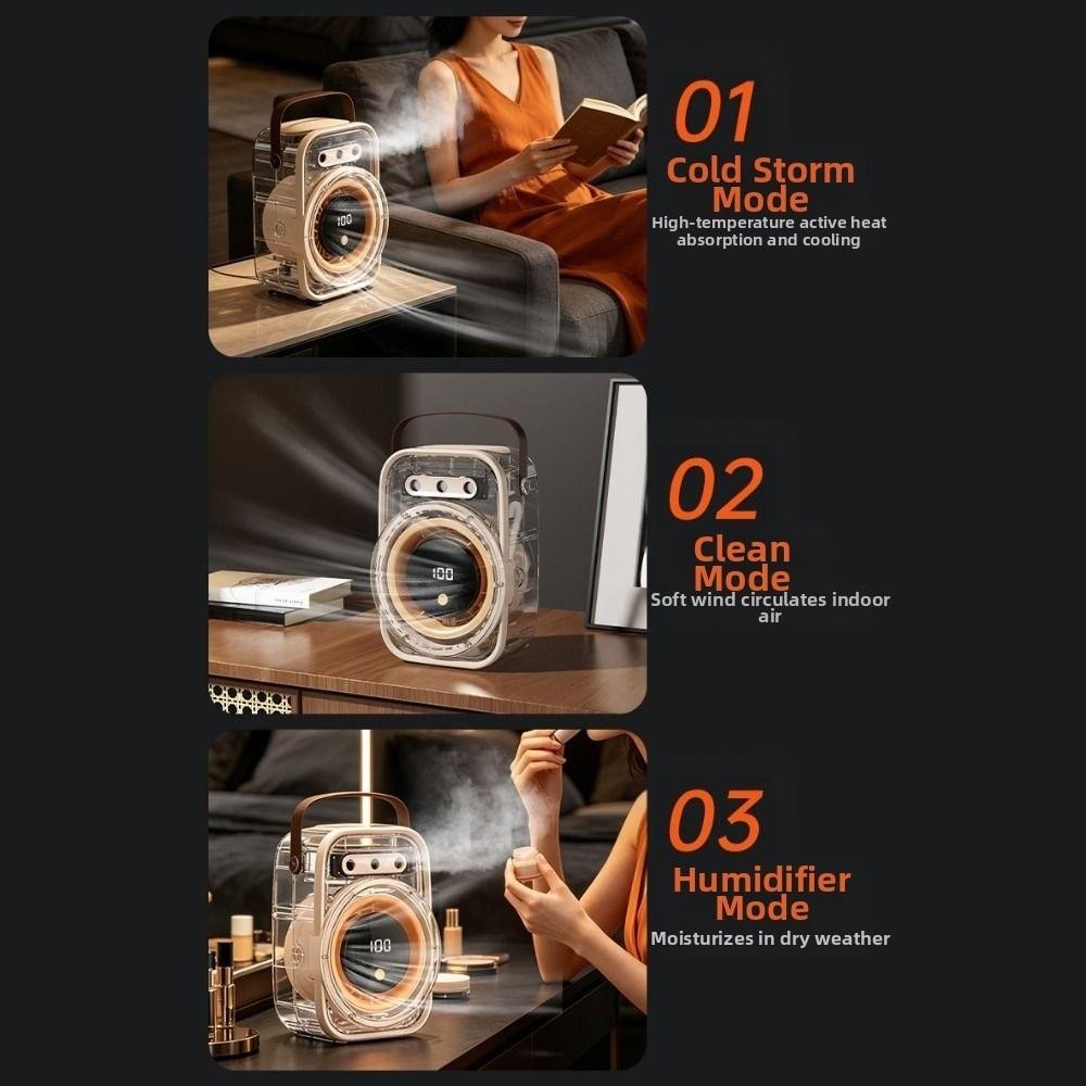 Triple-Hole Desktop Humidifying Fan 100-Speed Adjustment Digital Display Silent Spray Fan Rechargeable with Handle
