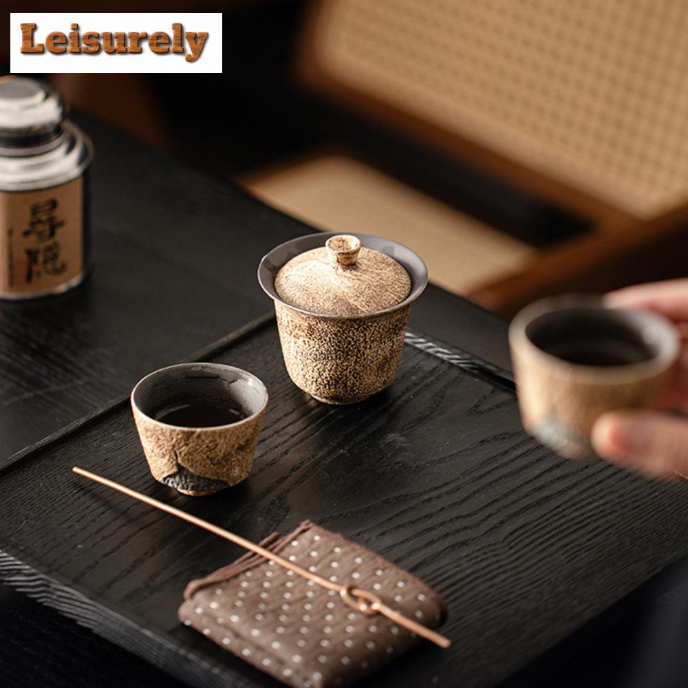 70ml Handamde Coarse Pottery Gaiwan Retro Old Rock Mud Small Two Talent Tea Tureen Tea Maker Cover Bowl Kung Fu Tea Items Craft