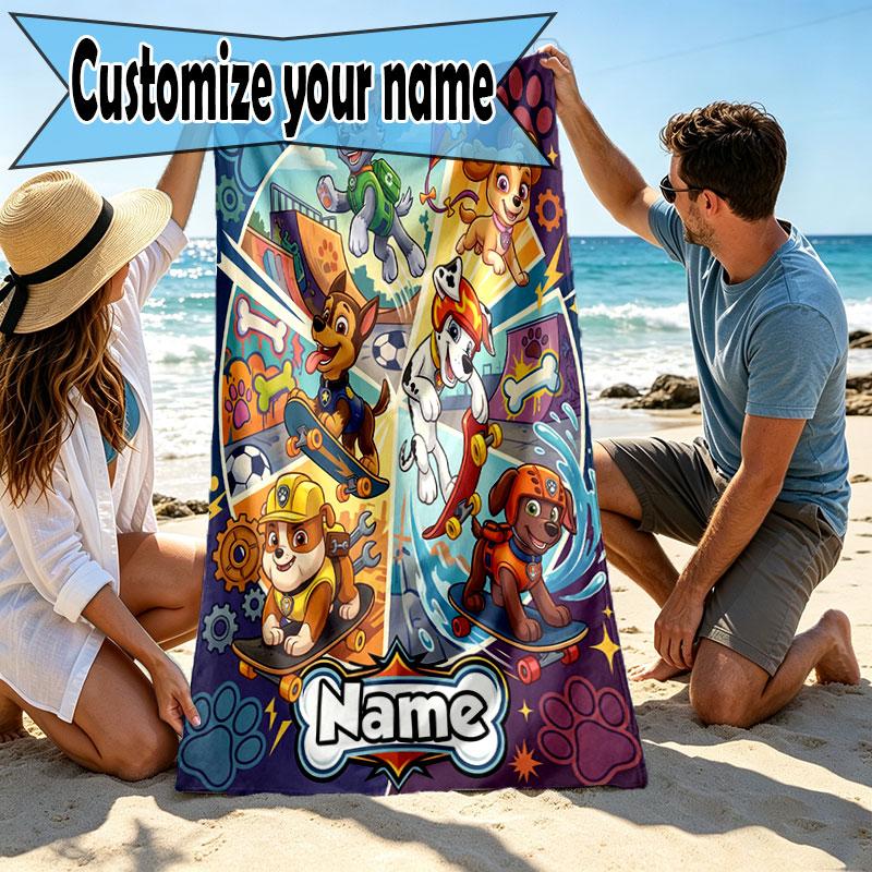 Custom Name Personalized PAW Patrol Print Beach Towel, for Trip Camping Beach Party Home Decor, Birthday Gift for Family & Friends