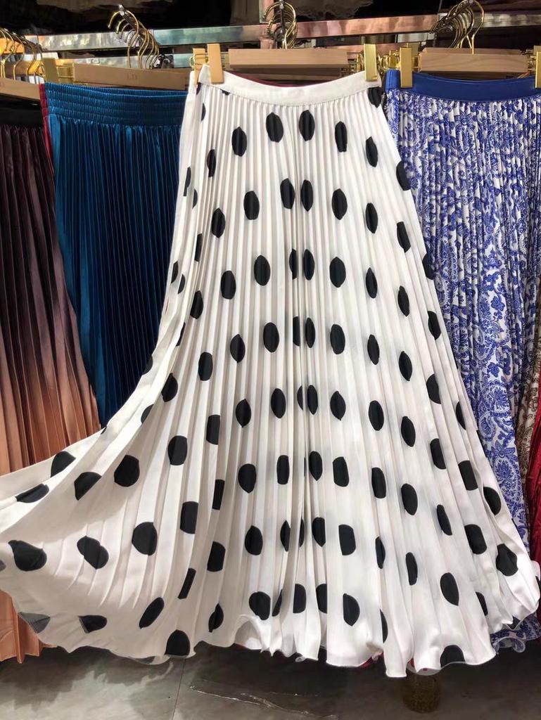 Elegant Polka Dot A-Line Pleated Long Skirt for Women - Autumn Casual Slim Fit