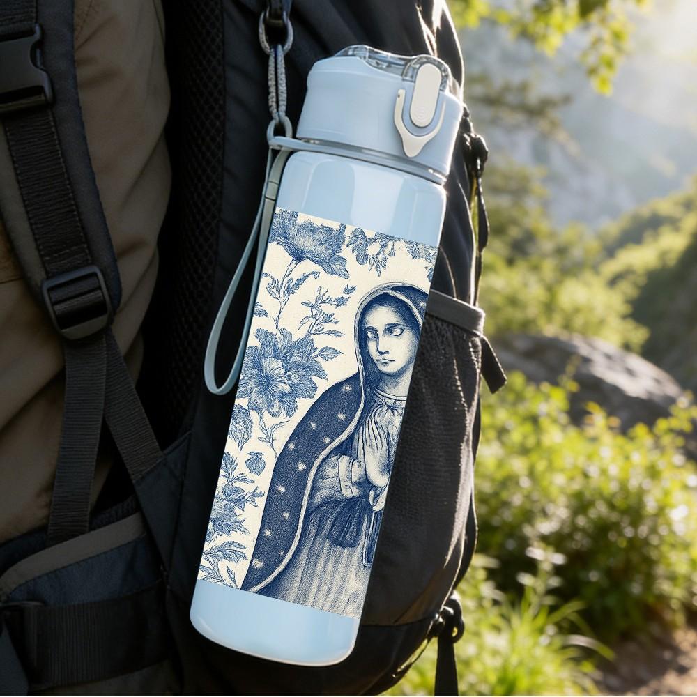 1PC Blue Tone Virgin Mary Portrait 750ml Color Plastic Sports Water Bottle Leakproof Flip Straw Lid For Sports Office Home Use