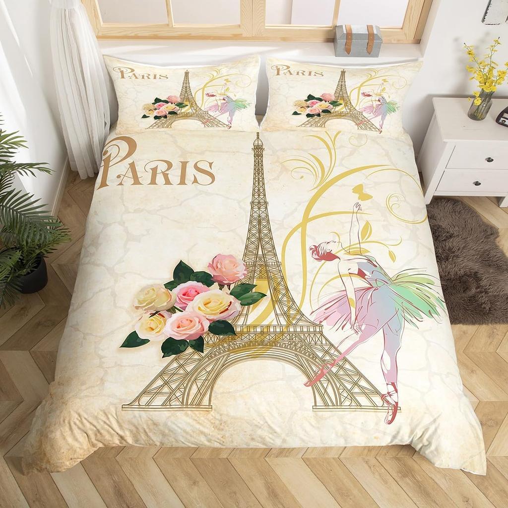 Eiffel Tower Bedding Set Twin Queen Pink Cherry Blossom Duvet Cover Romantic Theme Butterfly Print Comforter Cover for Girl Boys