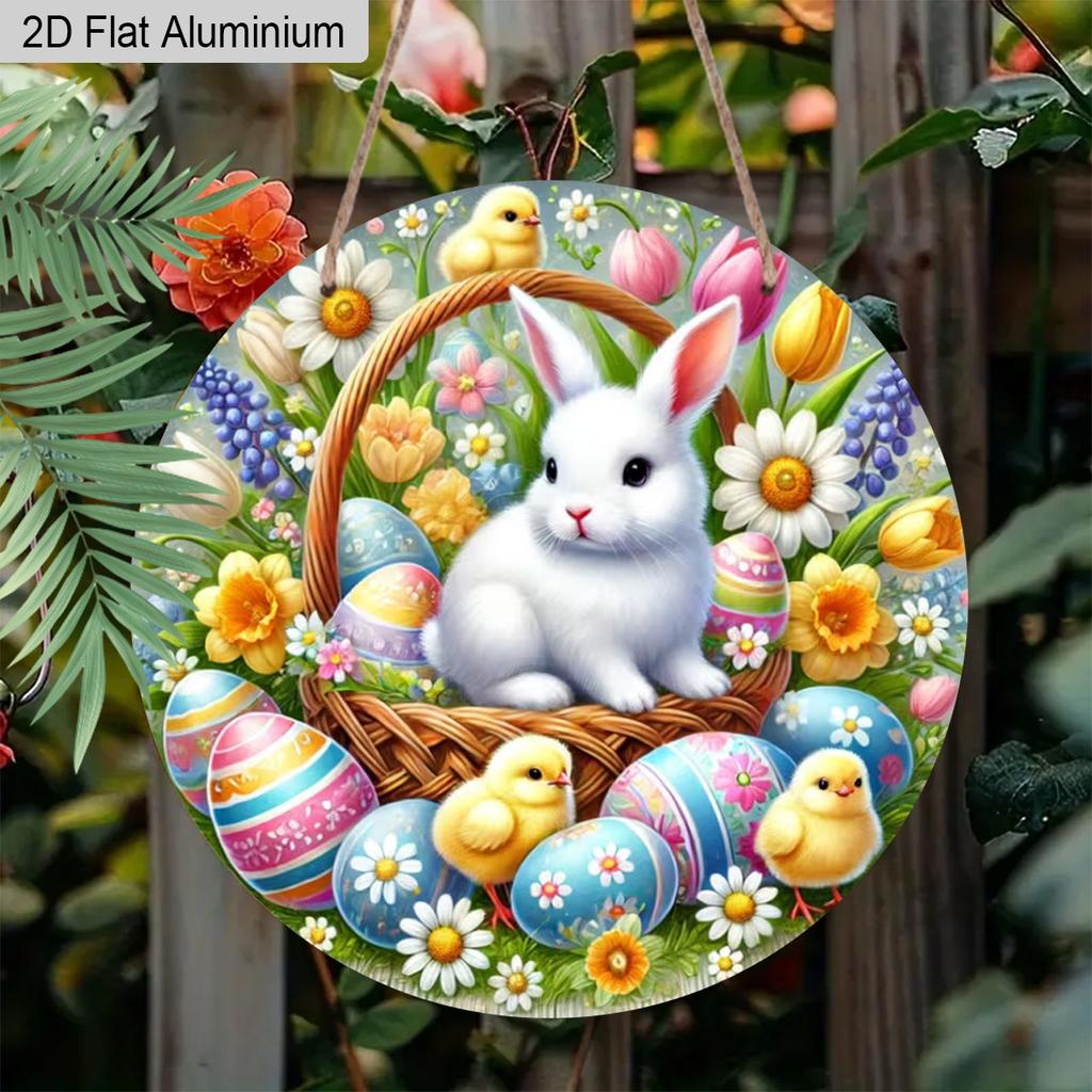 2D Flat 1pc Easter Aluminum Decoration Plaque, Easter Bunny and Eggs Sign, Easter Front Door Decor, Spring Home Decor, Perfect Gift for Friends
