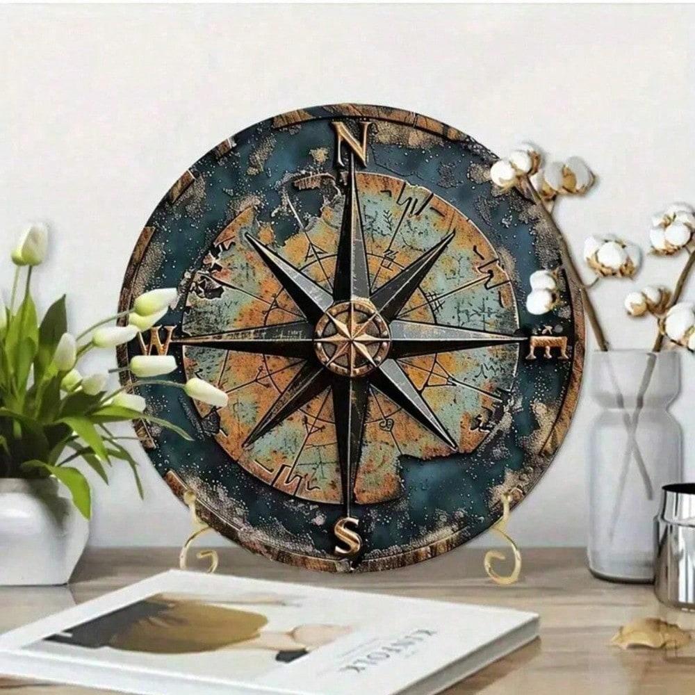 Viking Compass Metal Sign 8x8 Inch Rustic Tin Wall Art Decor Vintage Bedroom Porch