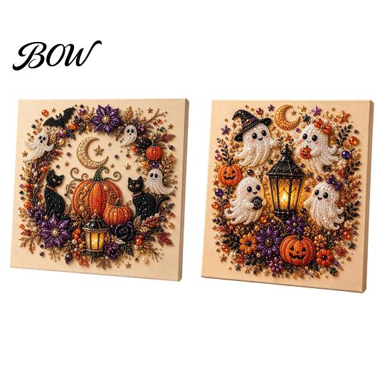 Autumn Atmosphere Wall Decor Halloween Faux Pearl Art DIY Kit, Spooky Cute 3D Beads Painting Crafts, Resin Bead Mosaic Gothic Ghost Pumpkin