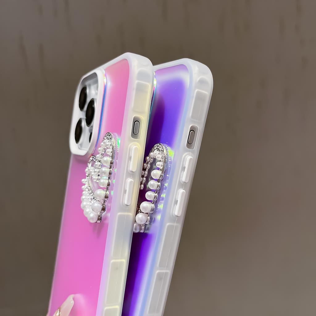For iPhone 14 Pro Max Matte Case Laser Effect Pearls Heart Decor Smart Phone Cover with Wrist Strap