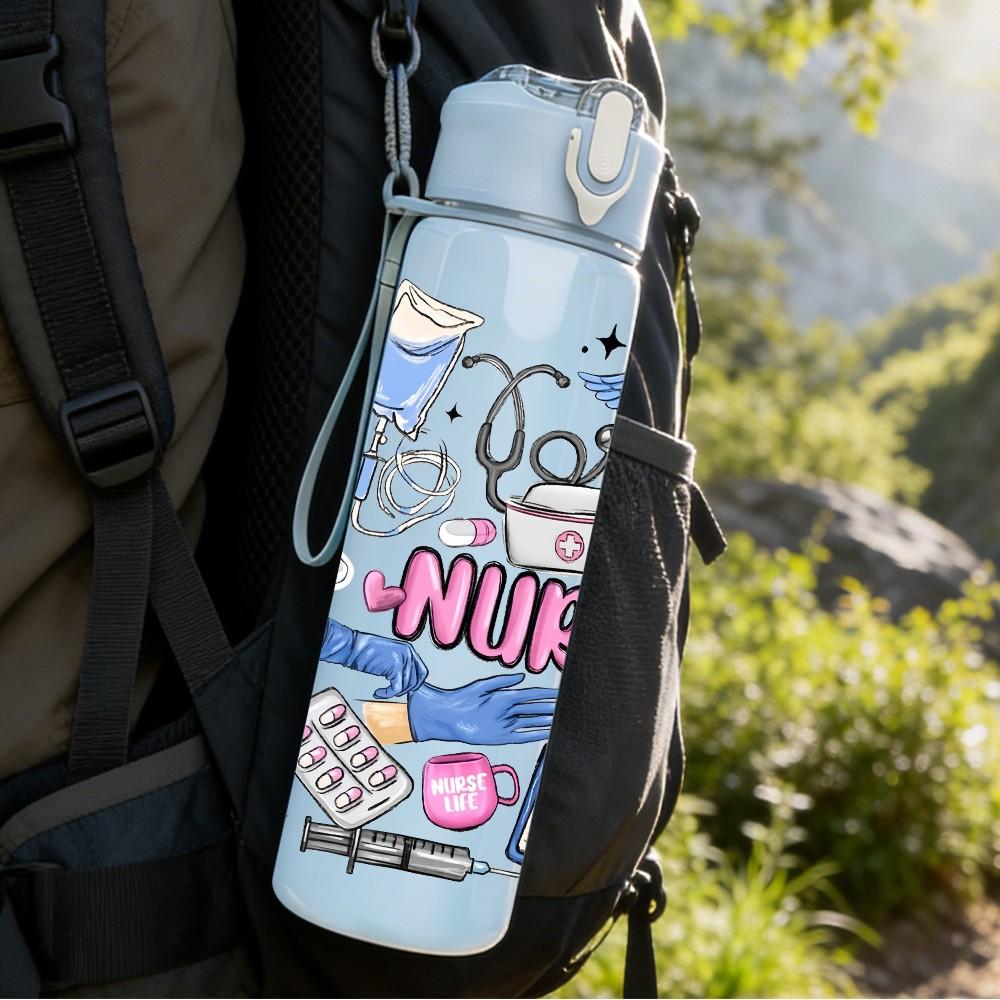 1PC Messy Nurse Work Doodle Cartoon Print 750ml Color Plastic Sports Water Bottle Leakproof Flip Straw Lid Suitable for Sports Office Home Use