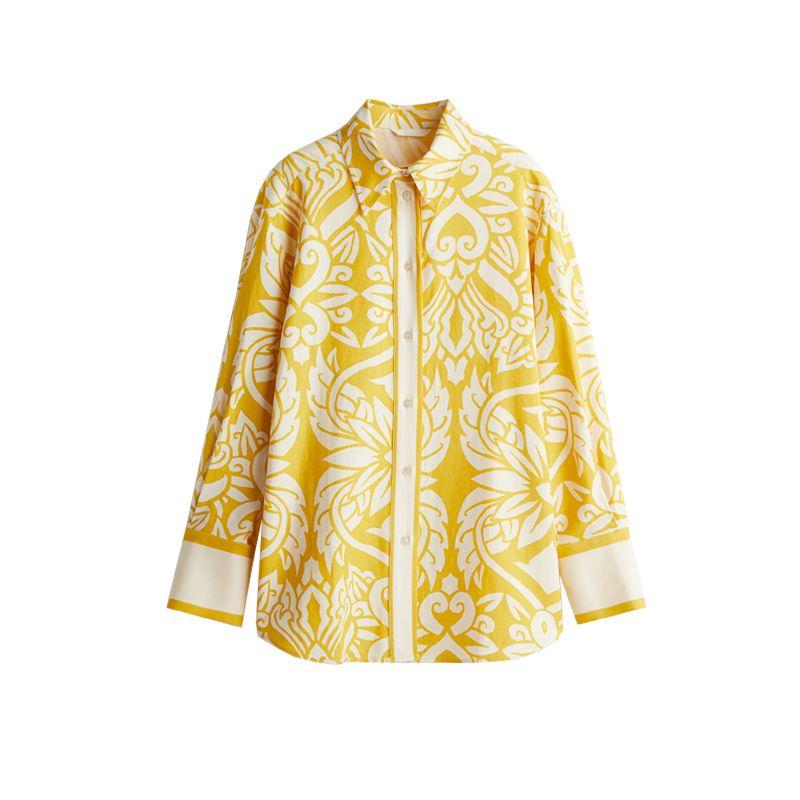 Spring and Summer New Loose Lapel Print Shirts 1273613 Linen Blend Straight Trousers 1273614