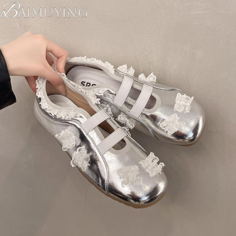 Lace Women Ballet Flat Sandals Square Toe Marie Janes Shoes Woman Loafers 2025 Trend Summer Dress Soft Leather Elegant Zapatos