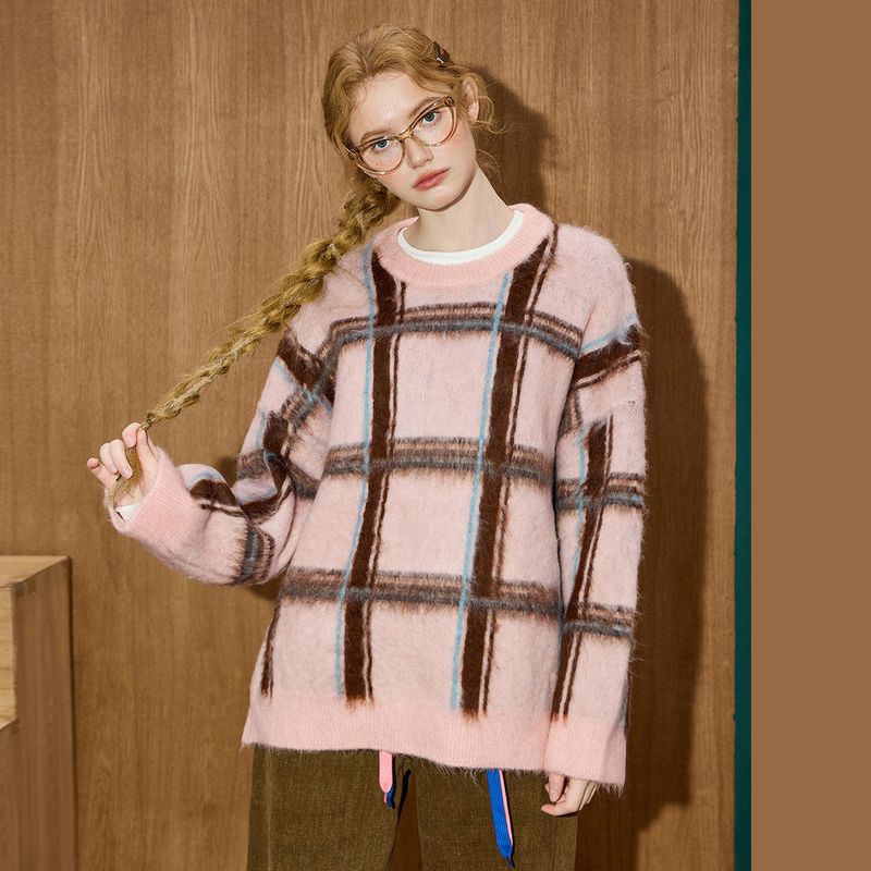 Coolhut Retro Lazy Style Loose and Versatile Contrasting Color Round Neck Loose Casual 2026 Winter Women's Sweater