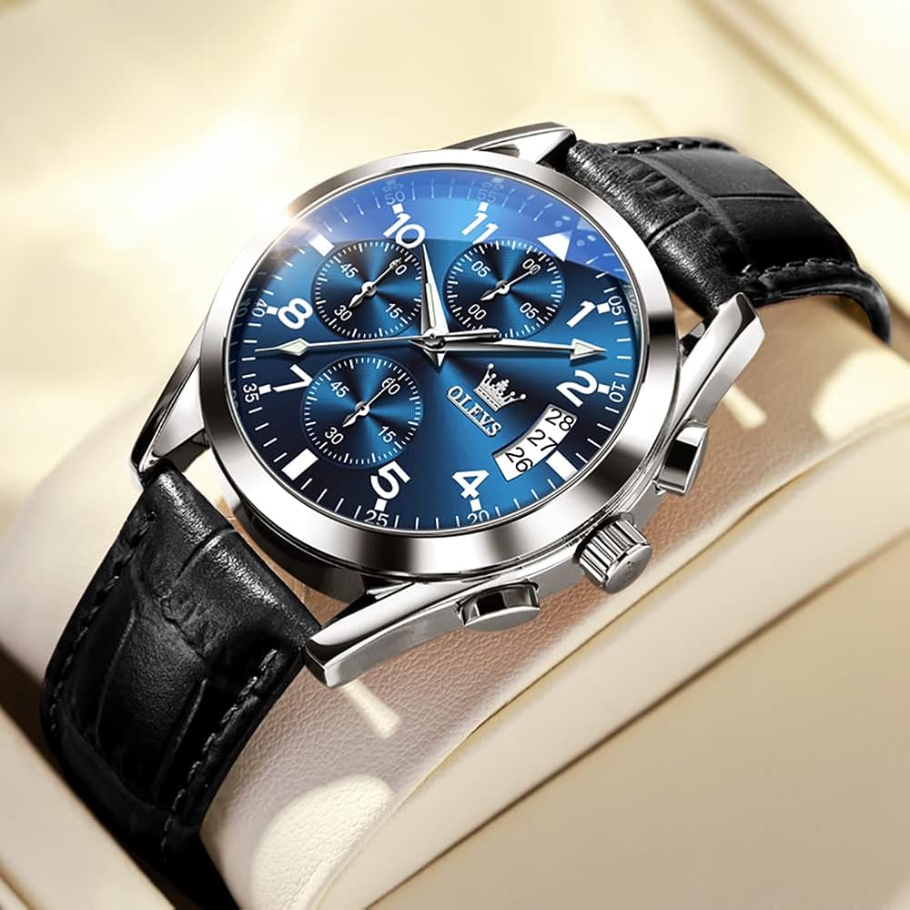 OLEVS Men's Simple Stylish Waterproof Analog Watch Black Leather Strap Arabic Numerals Date Chronograph Quartz Blue Dial