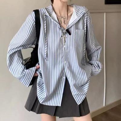 Striped Hooded Women's Long Sleeved Shirt Korean Style Loose Casual Shirts Spring Fashion Single Breasted Lady's Blouses