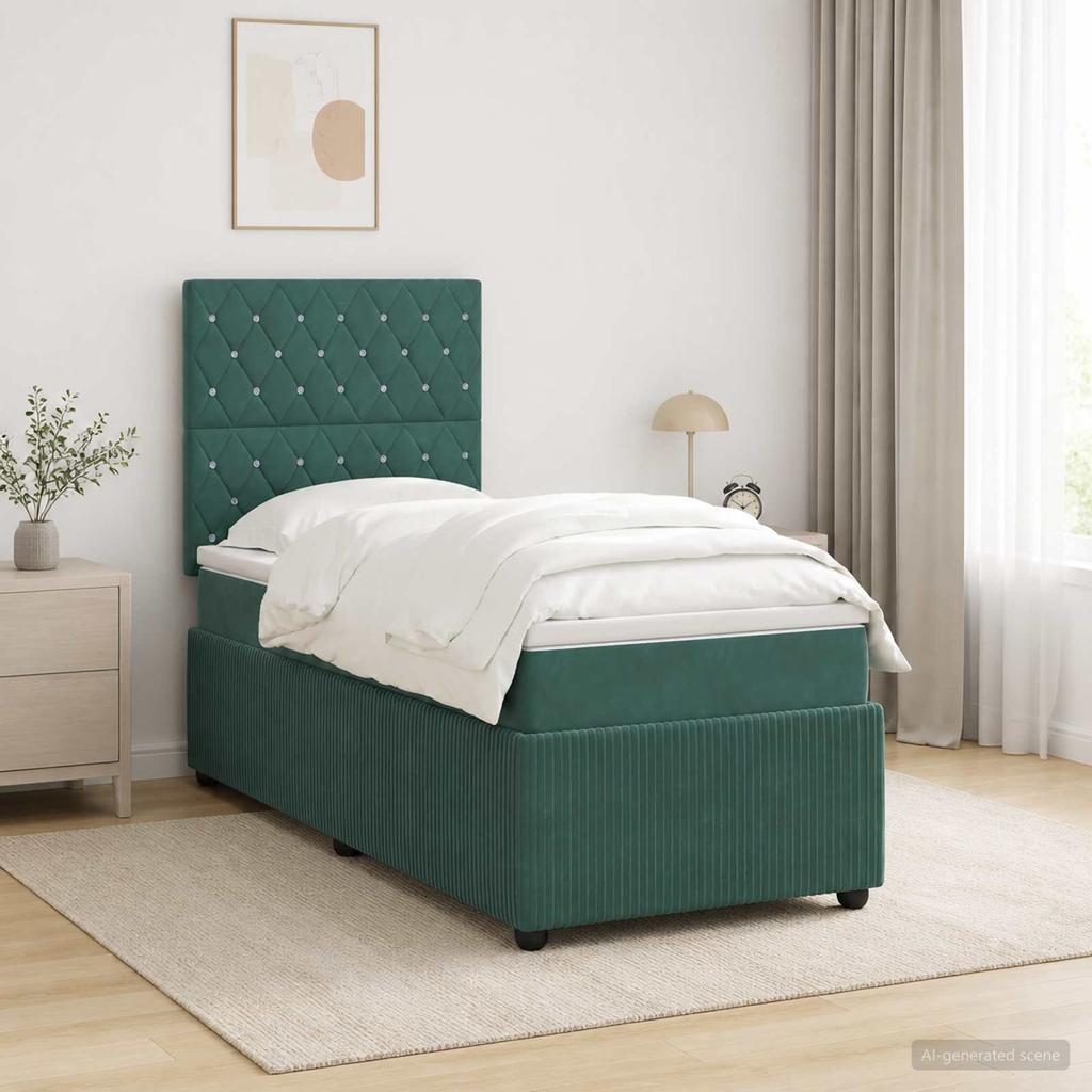 LED Box Spring Bed with Mattress Dark Green 90 x 190 cm Velvet