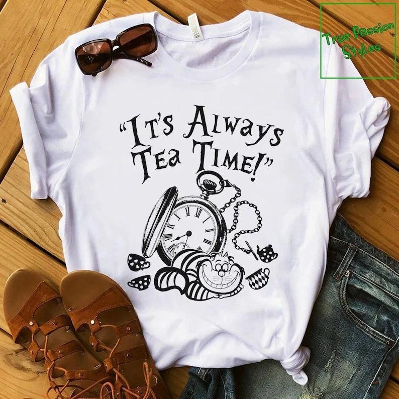 Alice In Wonderland Tshirt Its Always Tea Time With Cheshire Cat Shirt S