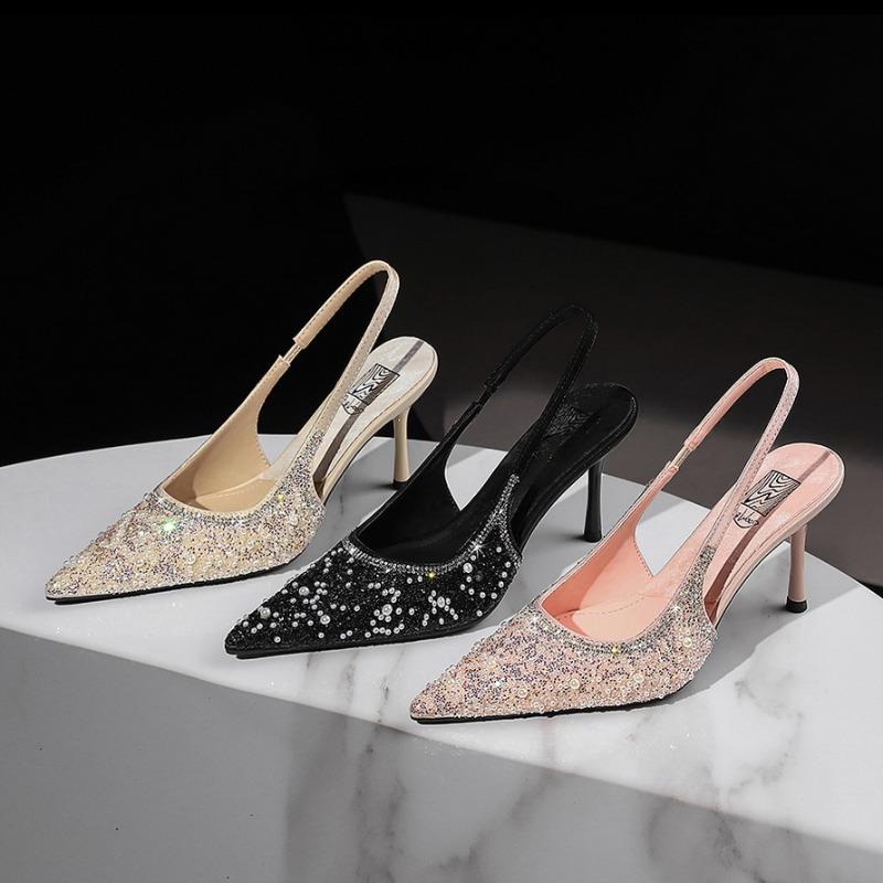 Wind banquet fashion thin heel pointed back empty shoes sequined beaded back strap high heels women's shoes
