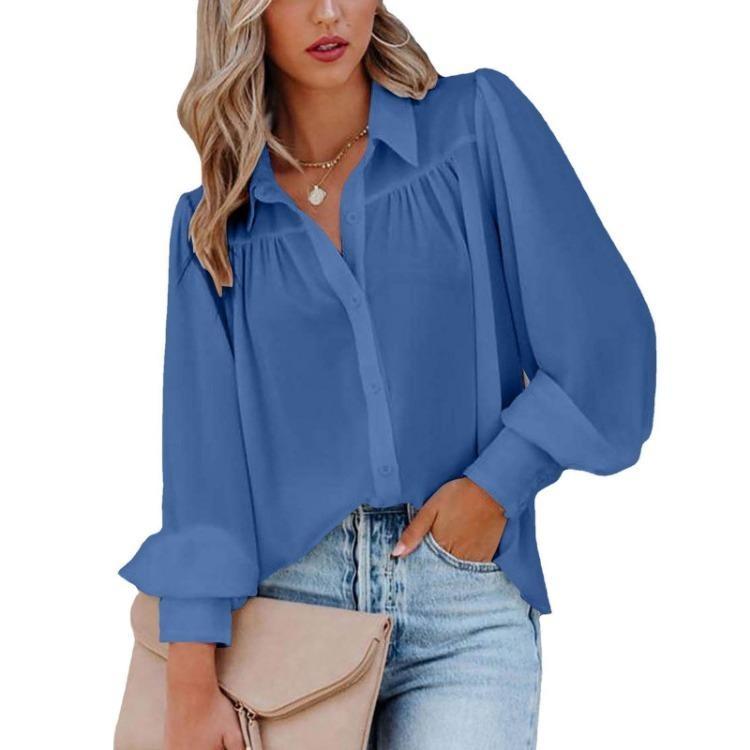 Women Loose Solid Color Button Down Shirt with Pleated Lantern Sleeves