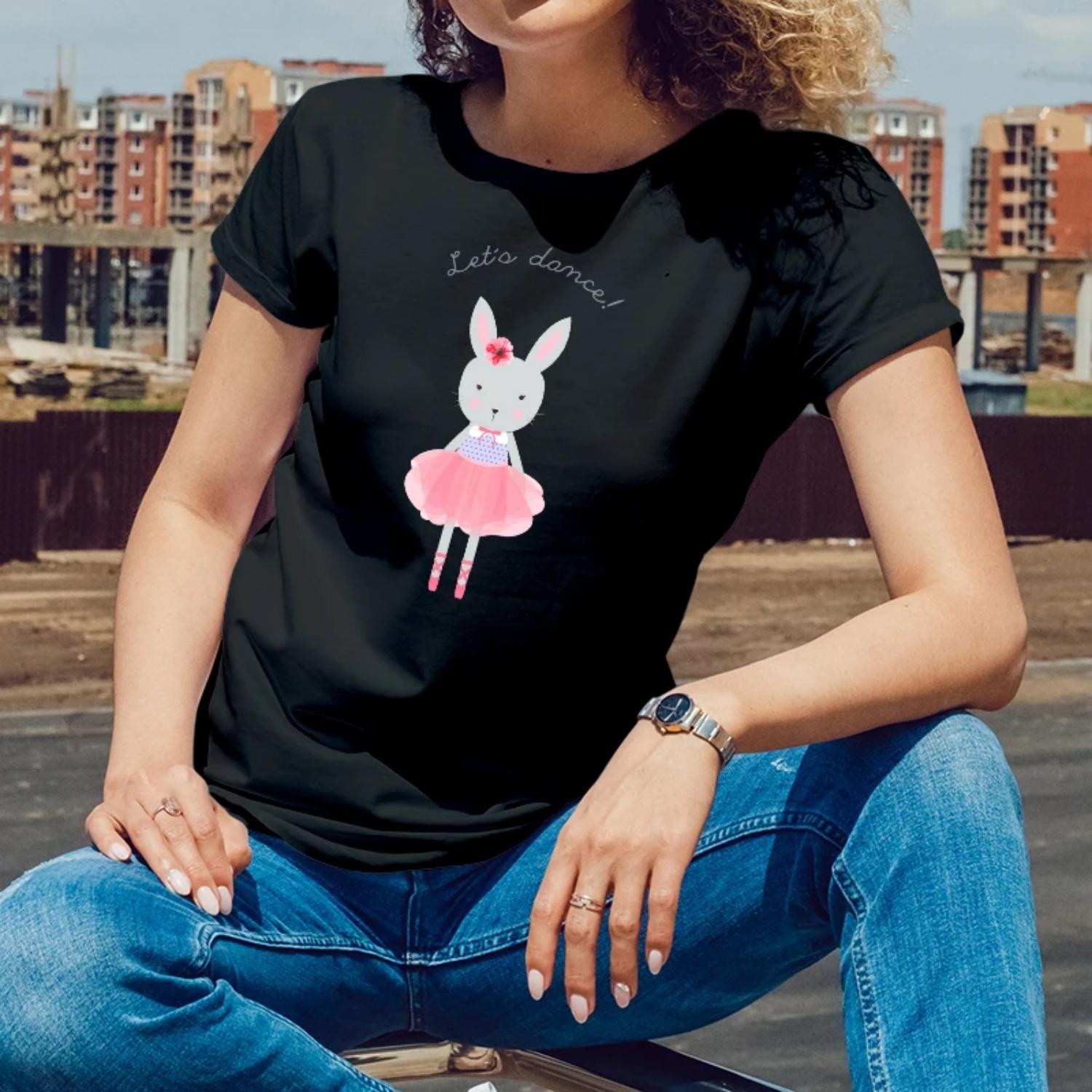 

Women s Short Sleeve T-Shirt Let s dance Bunny Ballerina Print for Outdoor Summer Parties Young Women with a Fun Lively Style S чёрный