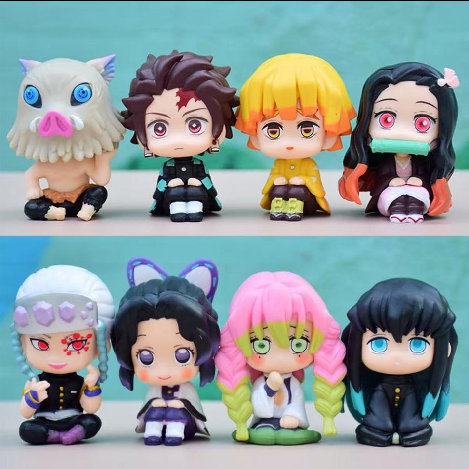 8Pcs Q Version Demon Slayer Toy Sitting Ghost Dolls Of Tanjiro Nishimura Inosuke Zenitsu - Pvc Figurines Collectible Model Gift