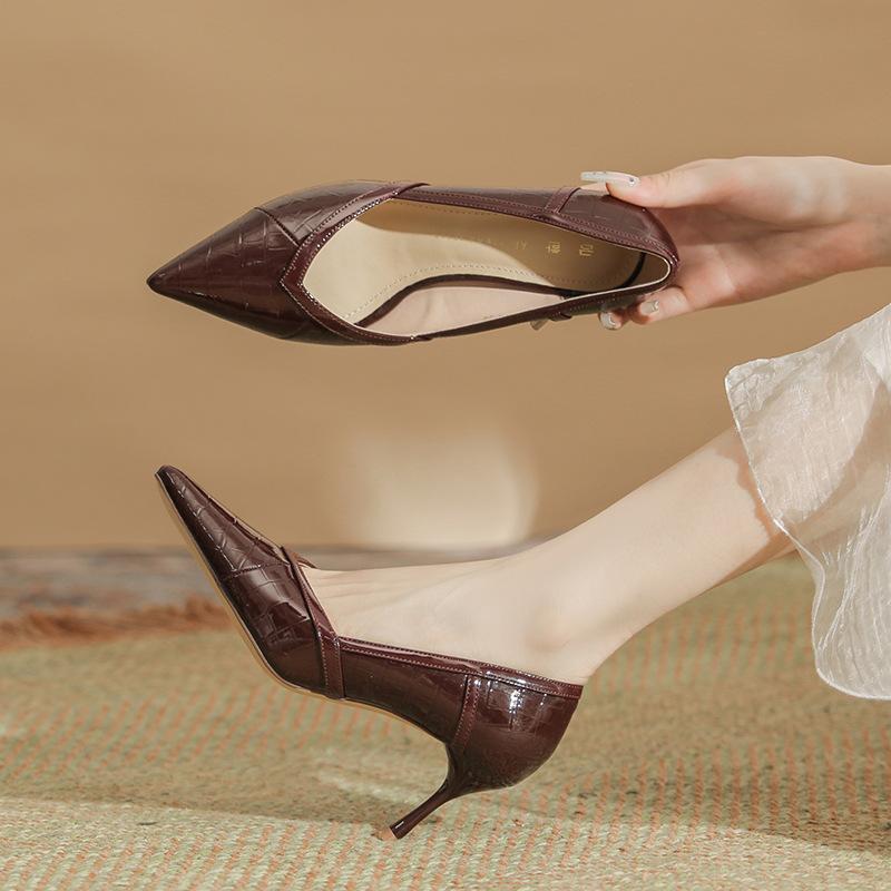 

H329-6 туфли на высоком каблуке женские с мелким вырезом, не спадающие с пятки, нишевые остроносые женские туфли с узором крокодила, тонкий каблук, овечья кожаная стелька, туфли-лодочки 39 бордовый