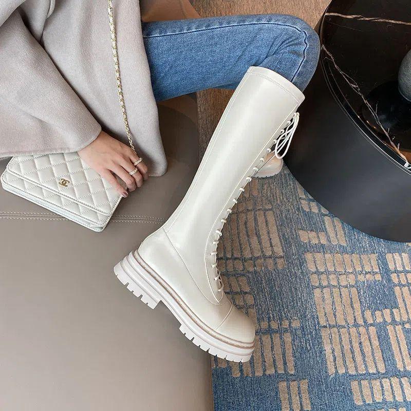 Weiße lange Stiefel Damenschuhe 2025 neu Herbst und Winter Samt Khaki mittelhoher Schaft kleine Reiterstiefel