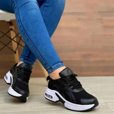 Women's Fashion Single Shoes Low Top Shoes Dad Round Toe Middle Heel Lace-up Mesh Casual Style Sneakers