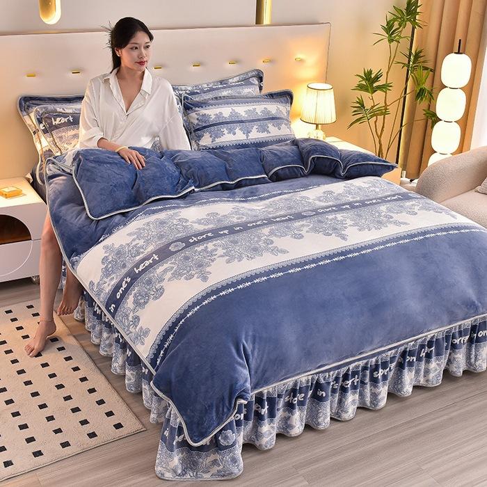 Thickened Milk Fleece Four-Piece Coral Fleece Quilt Cover, Bed Sheet Fleece Double-Sided Fleece Flannel Bedding, Bed Skirt